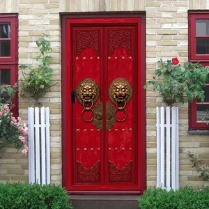 2pcs Chinese Style Retro Red Door Wall Sticker Classic Carved Lion Head Door Knocker Decorative Sticker Living Room Entrance Background Wall Self Adhesive Wallpaper New Year Spring Festival Decoration