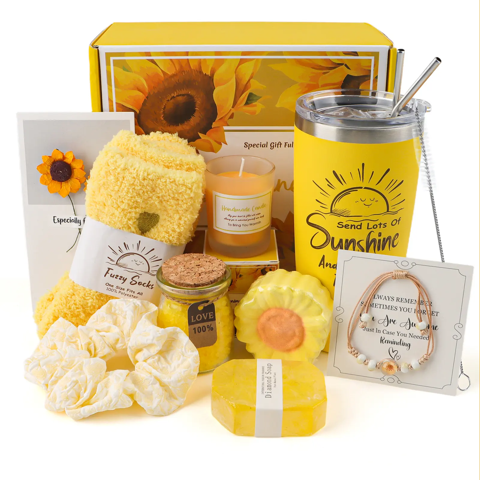 Sunflower Gifts Box for Women, Sunflower Gift Basket for Women, Sunshine Birthday Box Get Well Soon, Unique Thinking of You Self Care Package & Feel Better Gift for Her Mom Friend Sister Teacher Wife