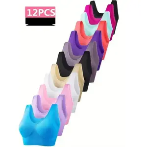 12-PackWomen'SSportsBraletteSet-Nylon,SolidColor,MediumSupport,No-Wire,No-Cup,KnitFabric,Adult-IdealforRunning,Yoga,Exercise