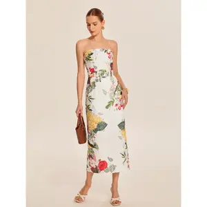 Strapless Belted Floral Print Maxi Dress