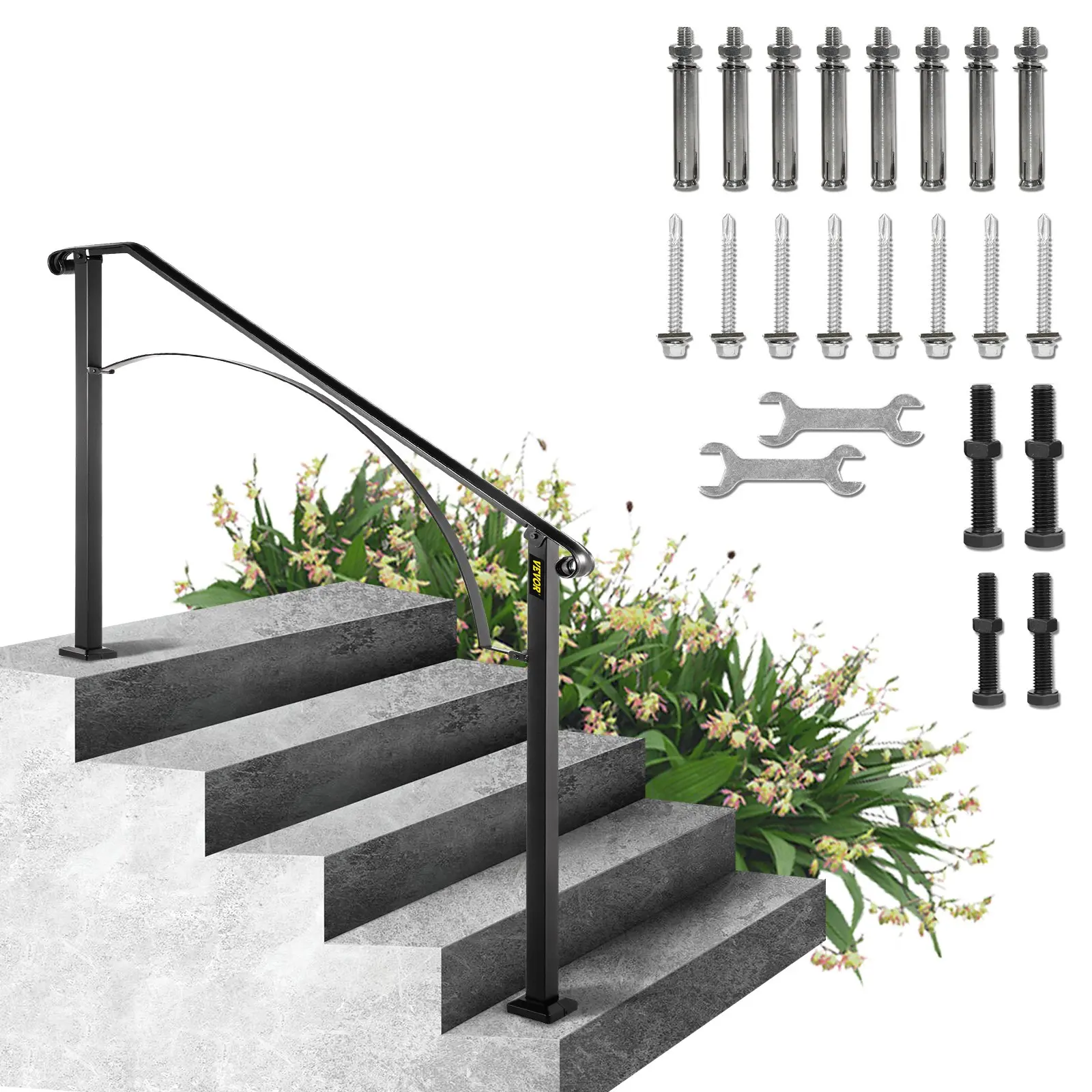 【Summerfinds】VEVOR Arch#4 Wrought Iron Outdoor Step Handrails, Fit 4 or 5 Steps, Flexible Transitional Black Railing, for Concrete/Wooden Stairs, Garage, Balcony, Residential Balance Aid, W/2 x M8 Bolts, Porch