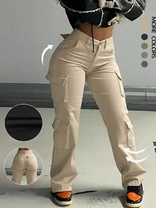 women's plain drawstring high waist cargo pants, casual comfort basic y2k kpop style streetwear pocket design trousers for everyday daily wear, womenswear for fall & winter, going out bottoms, baggy pants, pants for women, high waist loose fit pants