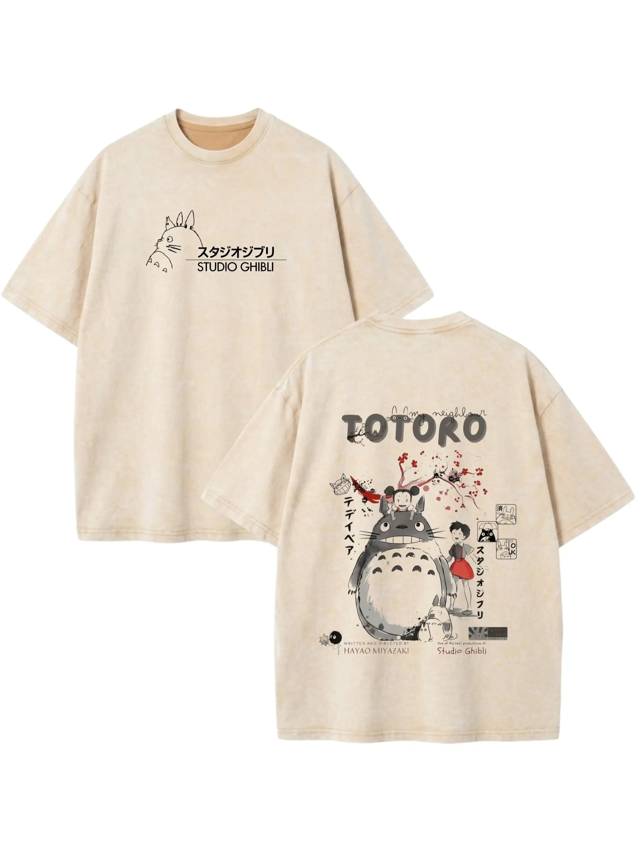 Vintage Washed Anime Graphic Tee | Heavyweight 100% Cotton Oversized T-Shirt, Retro Totoro Studio Ghibli Streetwear Top, Boxy Fit Casual Crewneck Shirt Men Women Unisex