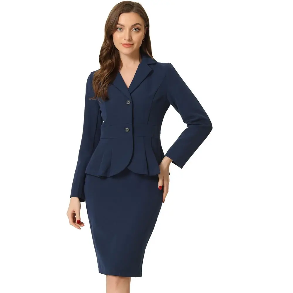 INSPIRE CHIC Women's Business Long Sleeve Notched Lapel Peplum Blazer Pencil Skirt Suit Set 2 Pcs 3X-Large Navy, Formal Wear, Slim