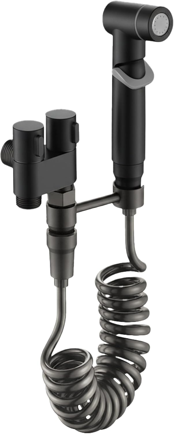 Generic Toilet Faucet Splitter 2-Way Double Faucet Adapter, 1-in-2-Out Dual Control Valve Handheld Bidet Sprayer, Stainless Steel & Brass, Black, Bathroom Accessory