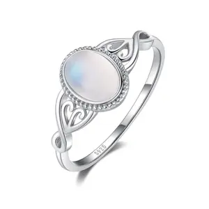EJG Women Rings Victorian Oval Moonstone Real 925 Sterling Silver Nickel Free Hypoallergenic Minimalist Sparkling Everyday Affordable Gift for Her Holiday Trending TikTok Viral Must Have