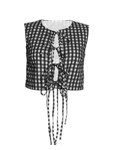 1 Piece，Women's Black and White Gingham Tie-Front Cami Top, French Retro Plaid Sleeveless Lace-Up Short Vest, 2026 New Summer Arrival, Casual Style, Suitable for Daily Wear, Y2K/Hot Girl Top, Women's Top, Cropped Top Vacation Wear
