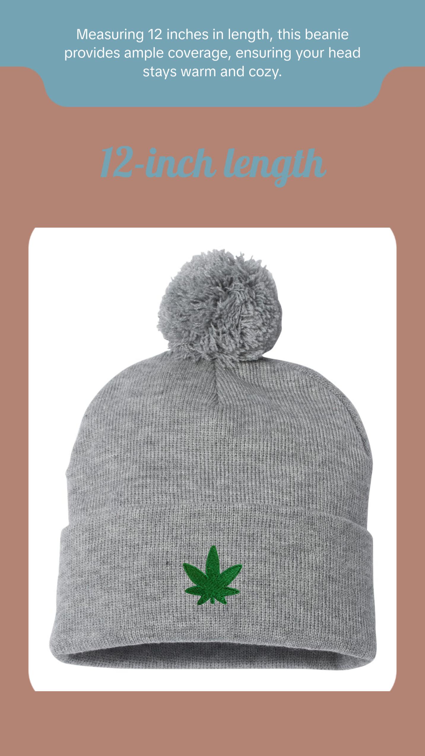 Marijuana Leaf Embroidered Knit Beanie Pom Cap