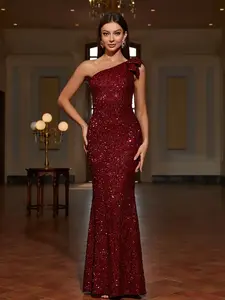 Elegant Wine Sequin One Shoulder Mermaid Long Dress, Luxurious Eye-Catching Style, Perfect for Evening Parties, Formal Events, Festive, Formal Wear