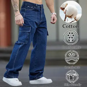 Dark Blue High-Cotton Cargo Wide-Leg Jeans | Streetwear Denim