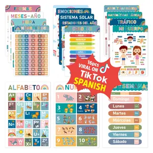 16 Sets Multilingual Classroom Posters (English/French/Spanish) - Montessori Educational Prints, Wall Decor, Classroom Supplies Charts, Classroom Decoration for Preschool & Elementary Teachers, Alphabet Numbers & Shapes Learning Materials