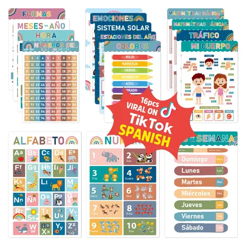 16 Sets Multilingual Classroom Posters - Montessori Educational Prints, Wall Decor, Teaching Supplies, Classroom Supplies Charts, Kindergarten Charts, Classroom Decoration for Preschool & Elementary Teachers, Alphabet Numbers & Shapes Learning Materials