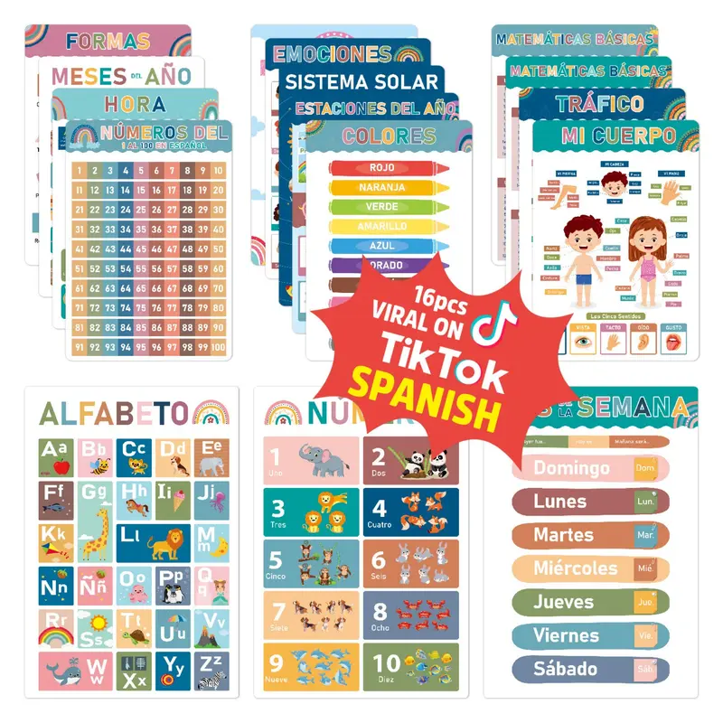 16 Sets Multilingual Classroom Posters - Montessori Educational Prints, Wall Decor, Teaching Supplies, Classroom Supplies Charts, Kindergarten Charts, Classroom Decoration for Preschool & Elementary Teachers, Alphabet Numbers & Shapes Learning Materials