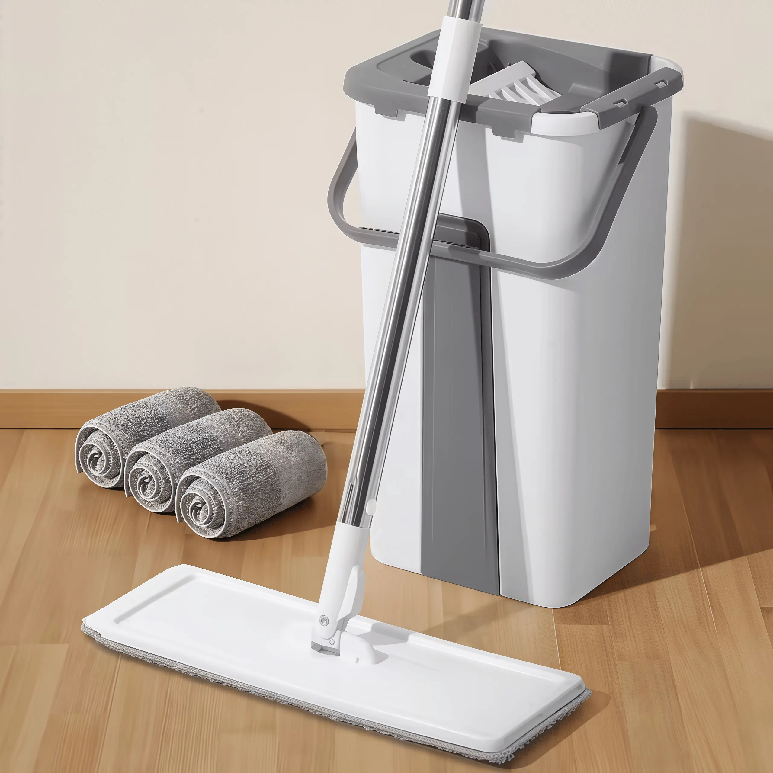 Home Mop and Cleaning Bucket Set, includes 2/3 reusable microfiber mop heads, suitable for bedrooms, bathrooms, kitchens, and living rooms—the ideal tool for household cleaning | Stylish mop design | Metal-handled mop
