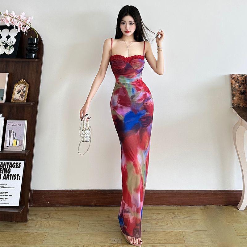 Women's Sexy Elegant Polyester Bodycon Maxi Dress, Colorful Tie-Dye Print, Spaghetti-Strap Sleeveless Strap Collar, Slim-Fit Style, Summer Fashion Trend Piece for Streetwear, Women Clubbing Clothes