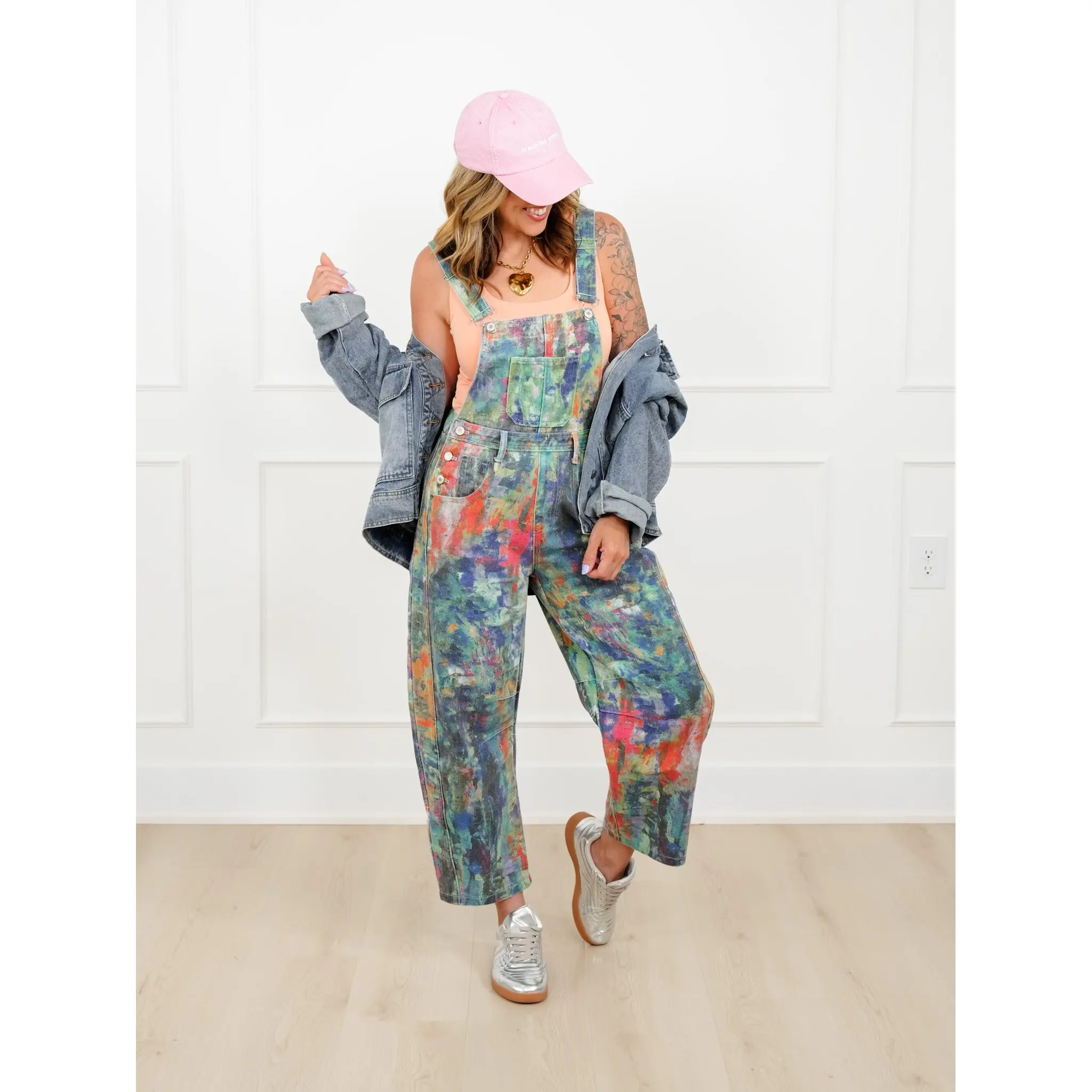 Plus/Reg Washed Painted Barrel Leg Overalls