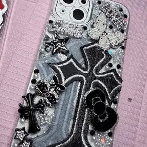 Black and Silver iPhone 13 Case with Cross Patch and Rhinestone Charms for Stylish Protection