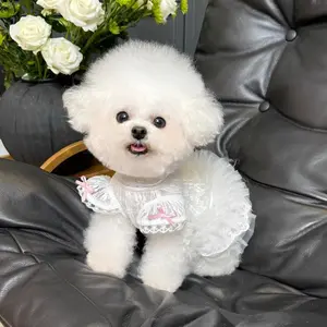 White Lace Pet Princess Tutu Dress with Pink Bow，Breathable Puff Sleeve Dog Wedding Outfit for Bichon Frise Maltese Yorkie Teacup Small Dogs，Cute Birthday Party Photo Clothes