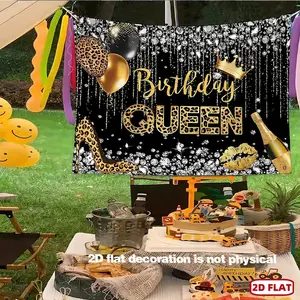 1pc 2D Flat banner , Queen Birthday Backdrop Suitable for Women &- Elegant Leopard & Diamond Crown with Champagne Balloons- Luxury Party Decor for Prom, Bday Party, Photo Background, Cake Table Props