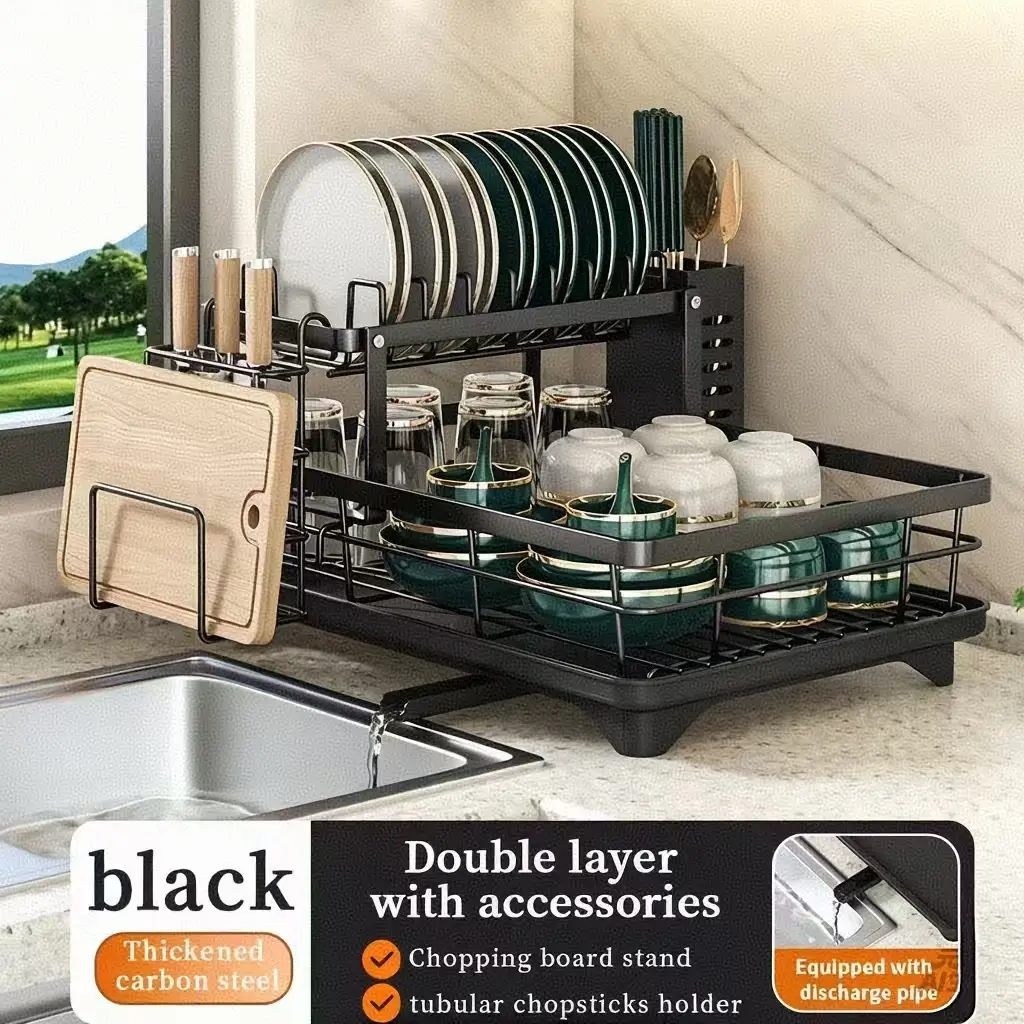 2 Tier double layer Dish dryer drainer Drying Rack with Drainboard,space-saving compact storage Rustproof Large Capacity Dish Rack for Kitchen Counter, stainless steel drainer Dish Organizer with Utensil cup Holder perfect size great value