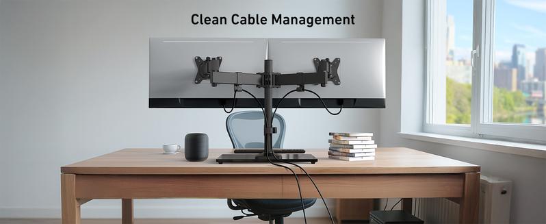 HUANUO Freestanding Dual Monitor Stand, 32 Inch Dual Monitor Mount for 2 Screens, Holds up to 19.8 lbs per Arm, Gaming Monitor Arm Riser with Tempered-Glass Base, Tilt, Swivel, Rotation, Black