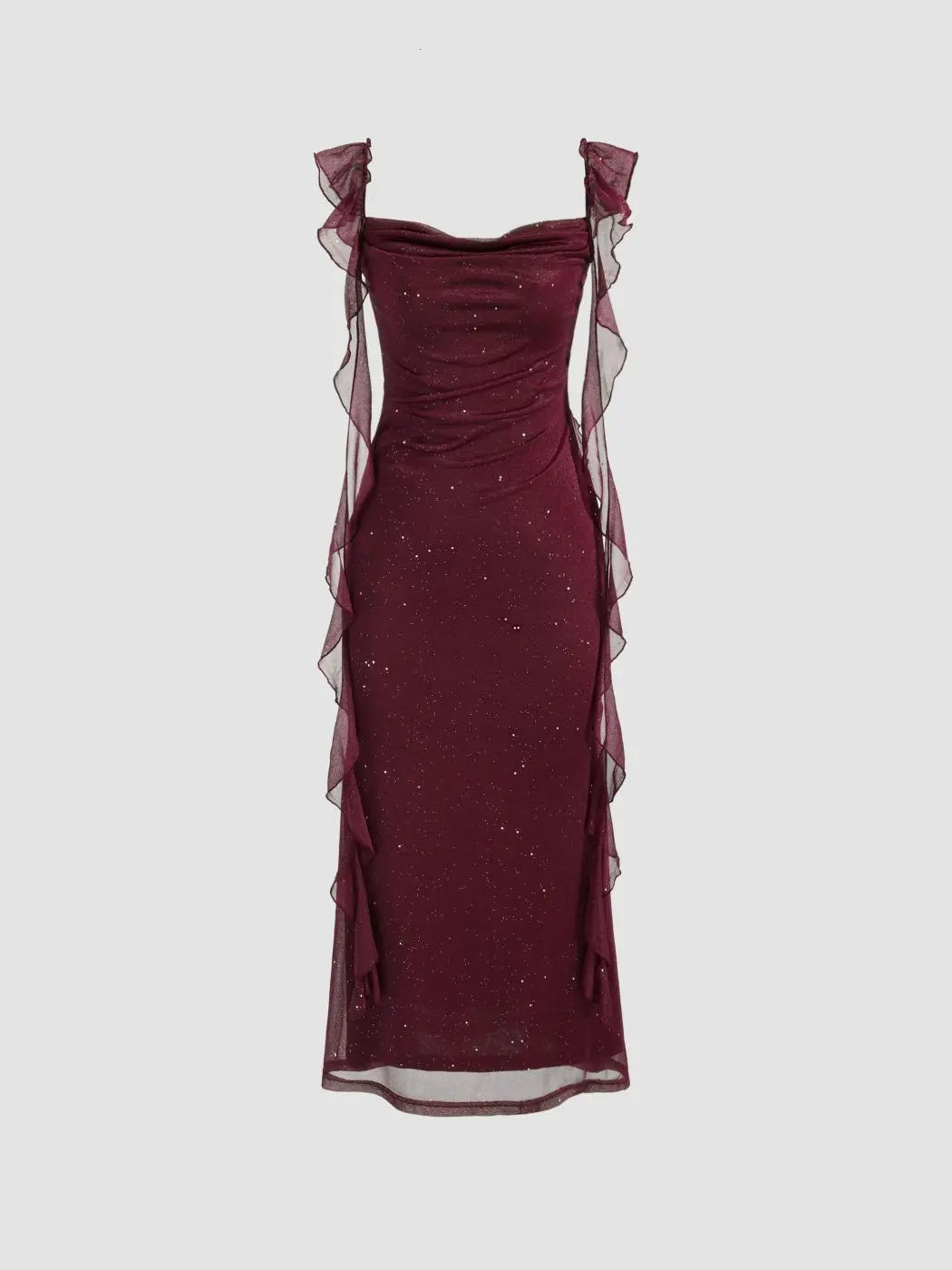 Cider Cowl Neck Solid Glitter Ruffle Hem Maxi Dress