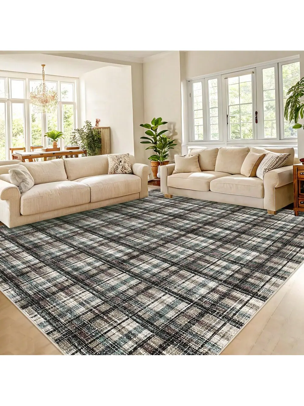 Garvee Modern Plaid Checkered Area Rug, 10x13 ft, Blue Green Brown, Low Pile Ultra Thin Foldable, Machine Washable, Non Slip Non Shedding Stain Resistant Pet Friendly Indoor Carpet for Bedroom, Living Room, Home Decorative Rug