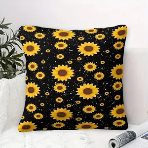 Cosmic Floral Throw Pillow with Digital Print,Contains Pillow Core, 45cm Square Cushion Featuring Whimsical Cartoon Sunflowers in Bright Golden-Yellow on a Deep Black Starry Background, Perfect for Home Decor and Sofa Accent, Soft and Stylish Comfort.