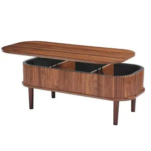 VEVOR 39.4 in Lift Top Coffee Table, Fluted Oval Coffee Table with 3 Hidden Compartment, Mid Century Wooden Oval Center Desk with Storage, Lift Up Tabletop for Home Office, Easy Assembly, Walnut