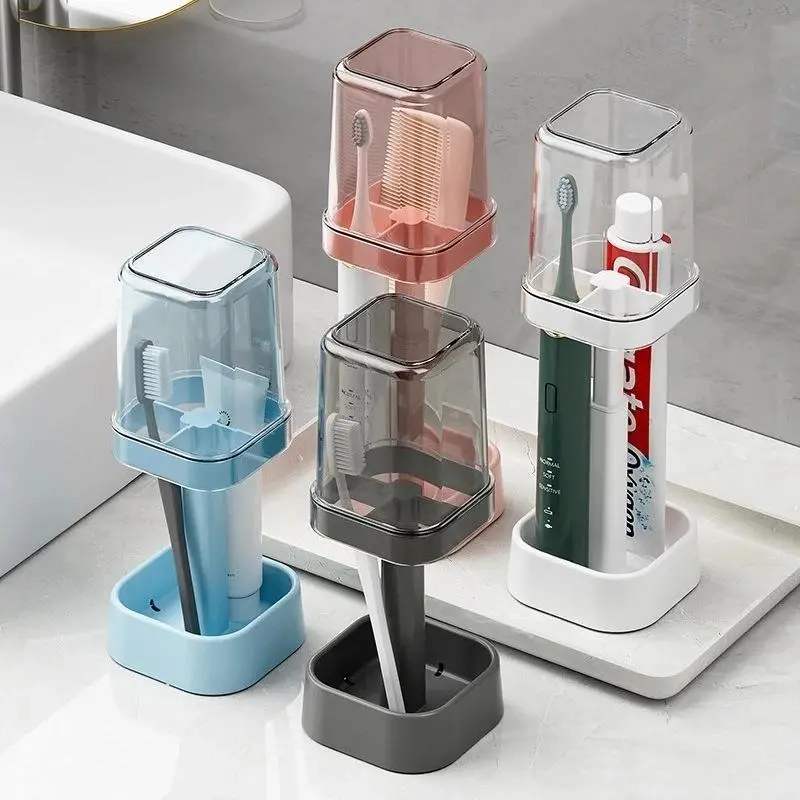 Modern Space-Saving Compact Toothbrush Holder, Dustproof Multifunctional Bathroom Organizer with Adjustable Cup Cover, Easy-Clean Storage Box That Keeps Bathroom Counter Tidy for Home Use