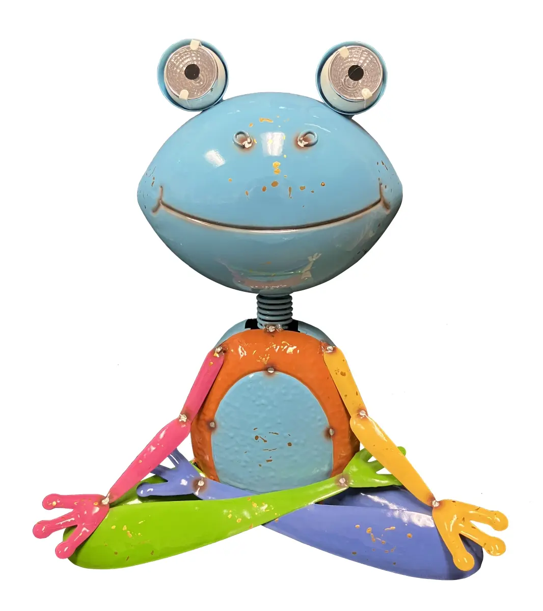 212 MAIN Enamelled Finish Weatherproof Metal Animal Frog Statue - Blue, 11 x 5 x 13 in, 2 lbs, Solar Eyes, Eco-Friendly, Easy to Install Outdoor Home Garden Decor Ornament Figurine
