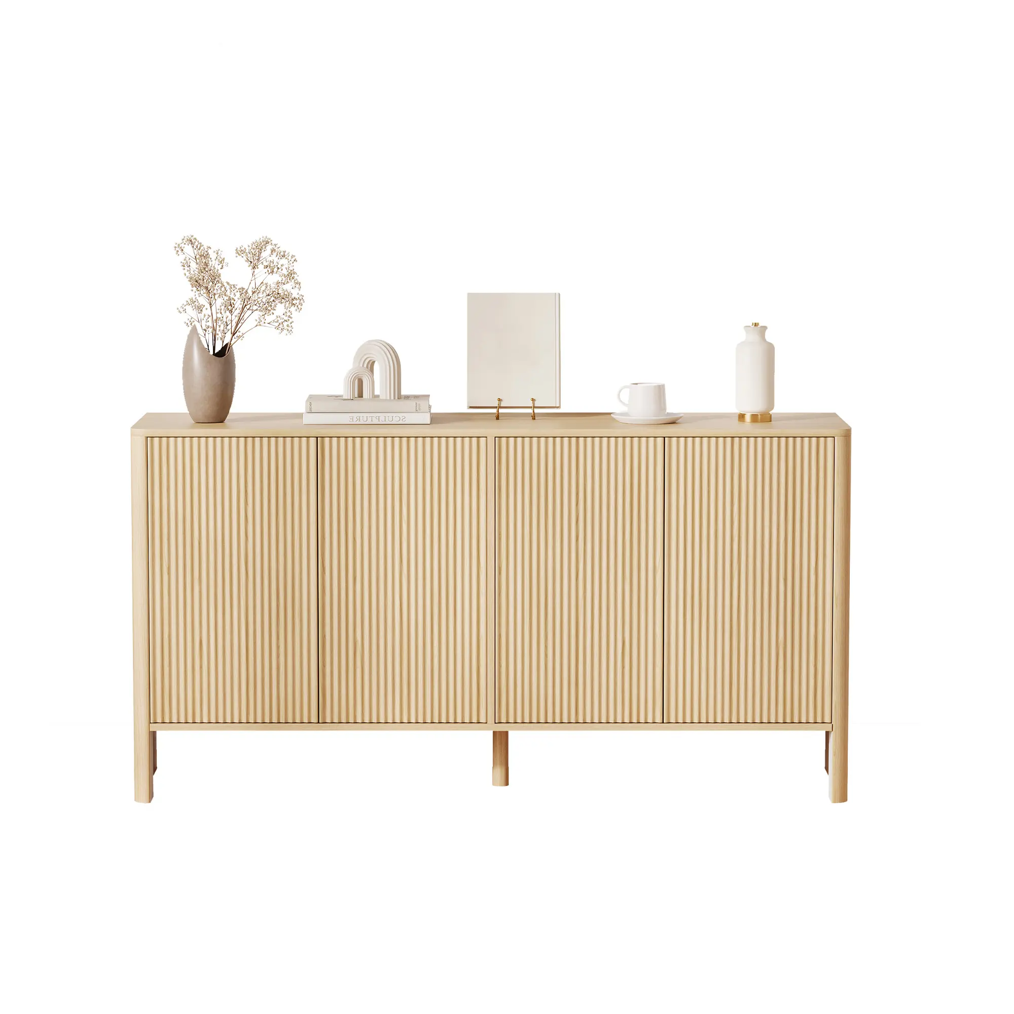 Modern Sideboard Buffet Cabinet with Storage, 58" Wood Fluted Coffee Bar Cabinet for Kitchen, Curved Design Buffet Console Table