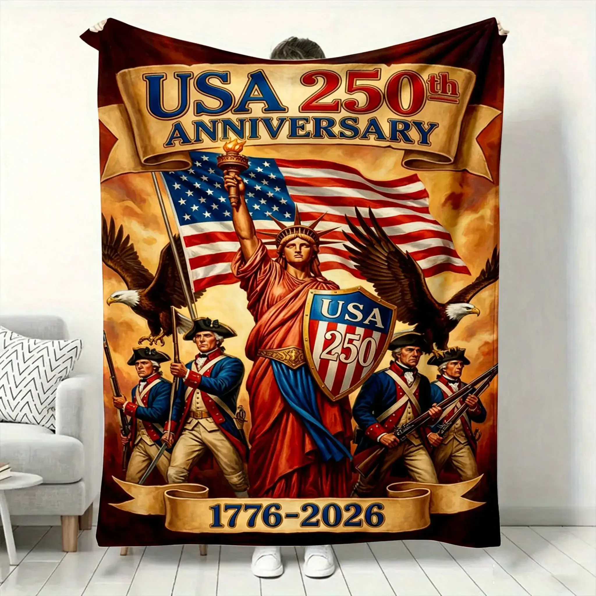 250th Anniversary United States Blanket Soft Cozy Flannel Throw Blanket for Camping Travel Sofa Bedroom Living Room All Season Patriotic USA 1776-2026 Home Decor Birthday Christmas Gift