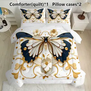 Luxury & Butterfly Bedding Set, Includes 1 Comforter & 2 Pillowcases, Elegant Floral Design