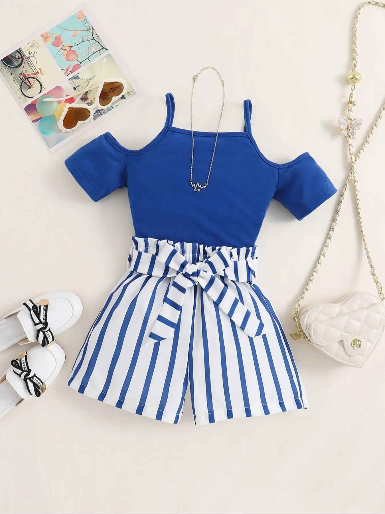 Toddler Girl's Solid Color Crop Top & Striped Print Shorts with Belt Two-piece Set, Casual Camis Top & Shorts for Summer, Kids Clothes for Daily Wear