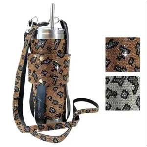 Water Shoulder Bag Carrier Water Sling Bubbles & Bling Tumbler Harness Wild Thing Leopard Gold and Snow Leopard17cm high 128x2cm strap included -6cm 28cm of rhinestones / Bottle Cup Drinkware Beverage Faux Mug