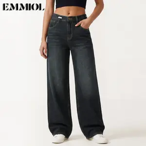 EMMIOL Women Baggy Jeans Mid-Low Waist Boyfriend Streetwear Vintage Jeans Wide Leg Denim Pants