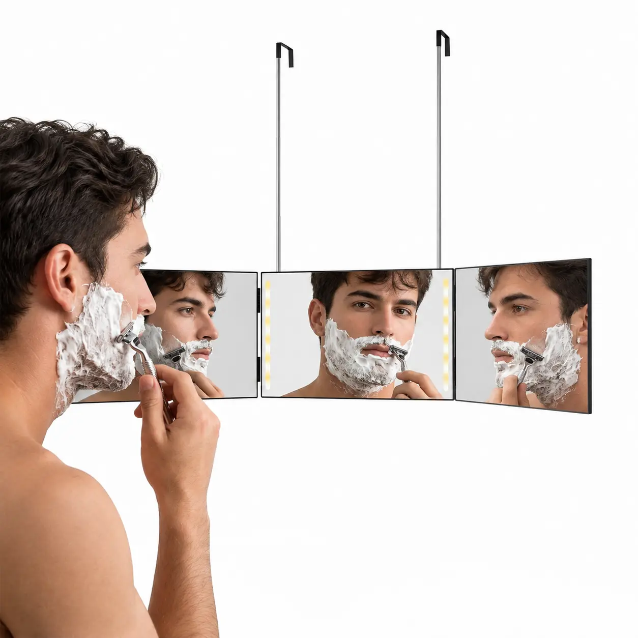 3 Way Mirror for Hair Cutting, 360 Trifold Barber Mirror with LED-Black Mirror with Height Adjustable Hooks for Door, Bathroom, Portable Trifold Shaving Barber Mirror for Makeup, Cut, Trim, Shave Gift
