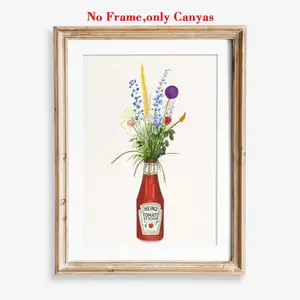 1 pc, wall art, vintage poster, ketchup and farmhouse garden art print, flowers and roses colorful fun pretty quirky vase canvas painting, living room decor, modern home decor, bedroom aesthetic design, gift for friends, housewarming gift, unframed