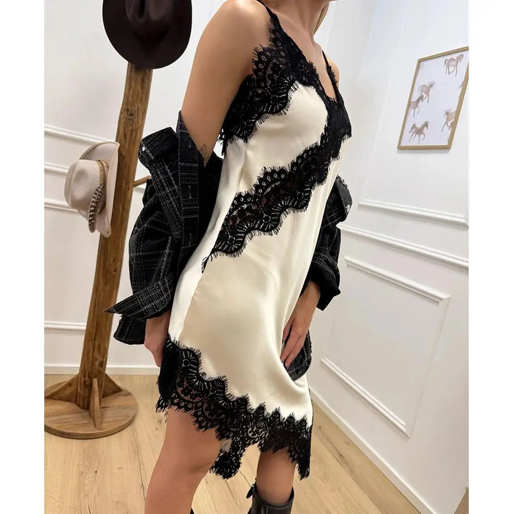 Women Sexy Satin Lace Camisole Mini Dress 2000s Aesthetic Sleeveless Spaghetti Strap Silk Cami Asymmetrical Slip Dresses