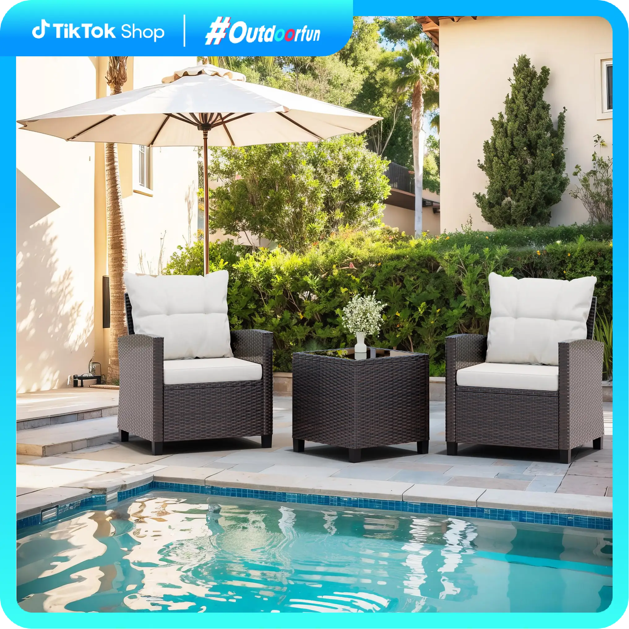 Walsunny 3 Pieces Patio Furniture Set, Outdoor Rattan Wicker Conversation Sofa Set w/Washable Cushion and Glass Tabletop for Garden Poolside Balcony