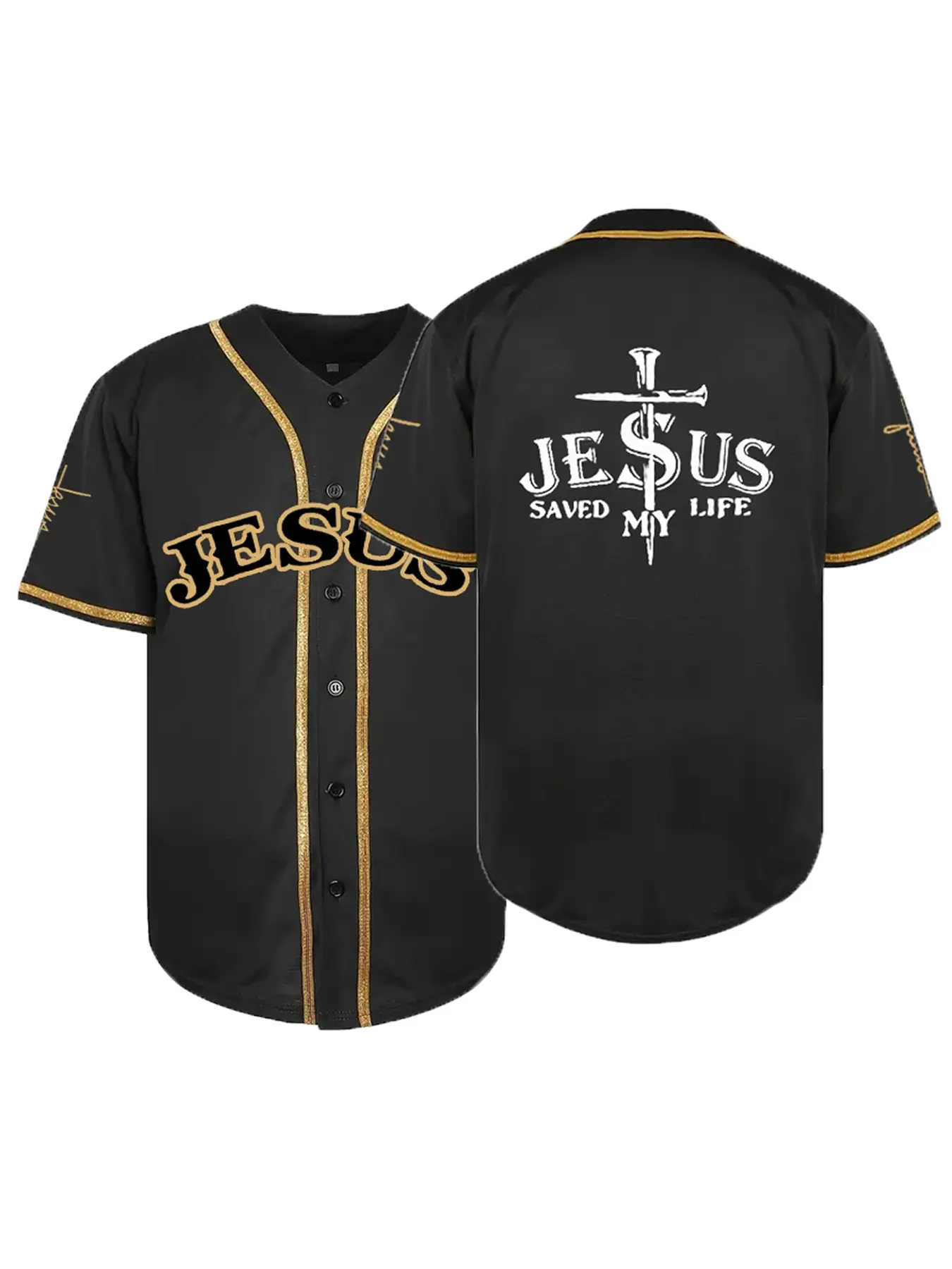 Men's "JESUS" Stitched Baseball Shirt, Casual Short Sleeve V-Neck Comfortable & Breathable Embroidered Baseball Jersey, Button Front Shirt, Ideal for Outdoor Sports & Games, Parties,Unisex, Workout Top, All Seasons