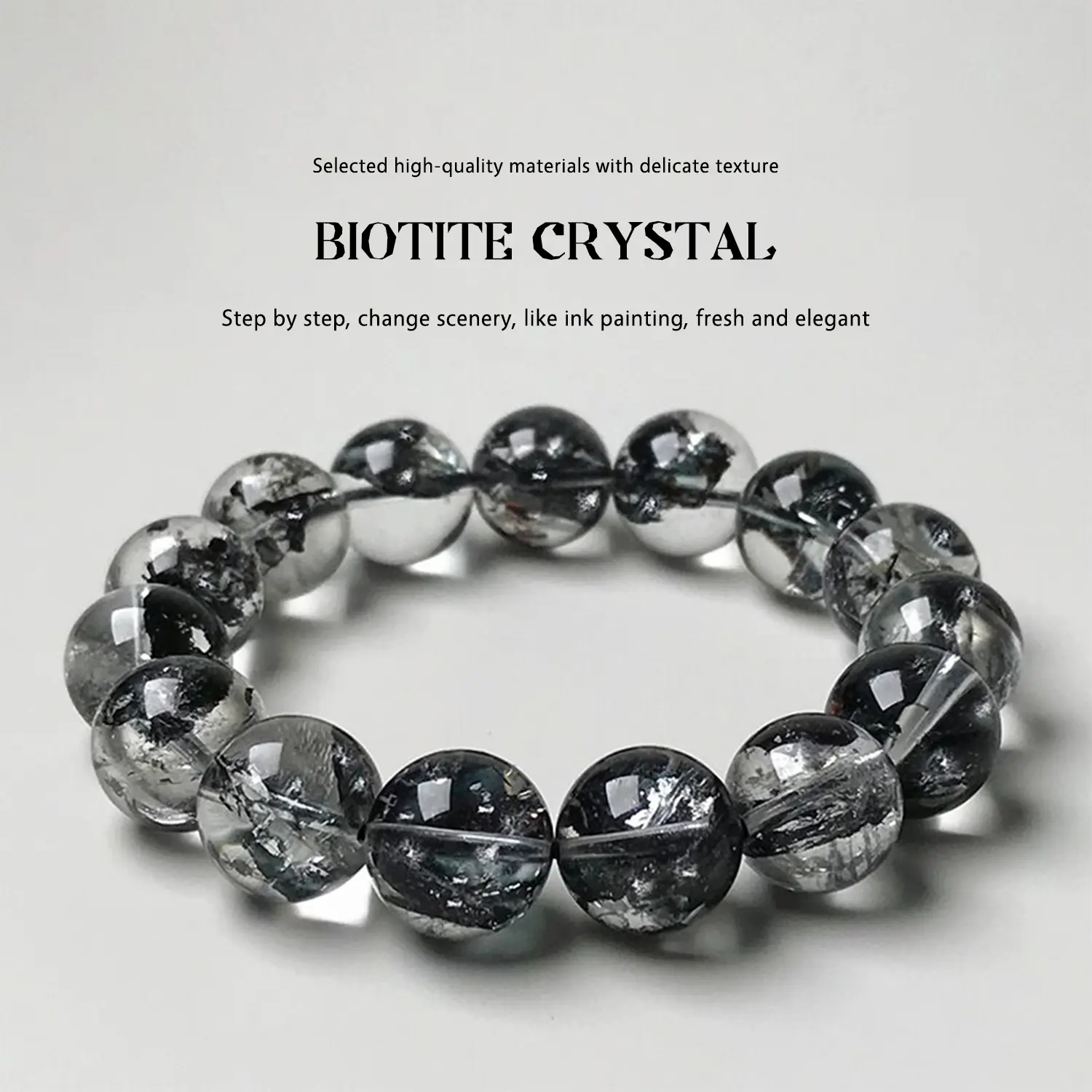 Helykmon Natural Black Flash Obsidian Bracelet with Crystal Beads Unisex Crystal Quartz Slice New Year Fashion Accessory Jewelry Holiday Gift Biotite Crystal