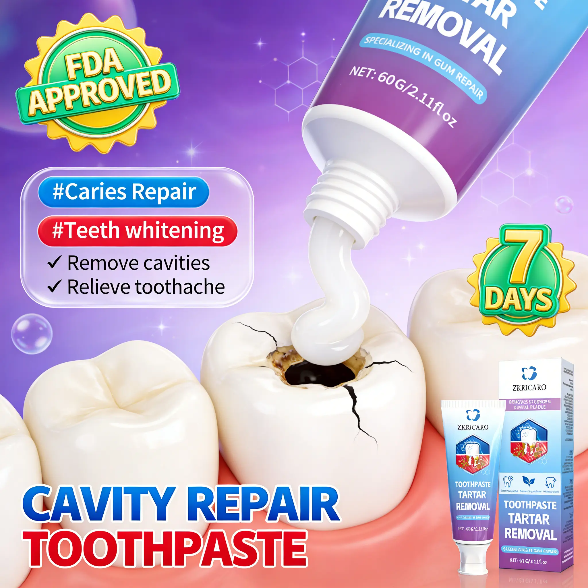 ZKRICARO Cavity Repair Toothpaste - FDA Certified, Fluoride Free, Gentle, Enamel Strengthening, Removes Plaque, Whitening, Herbal (Peppermint, Chamomile, Tea Tree) Ingredients, Fresh Breath, Sensitive Teeth Relief, Gum Health Support, Oral Care