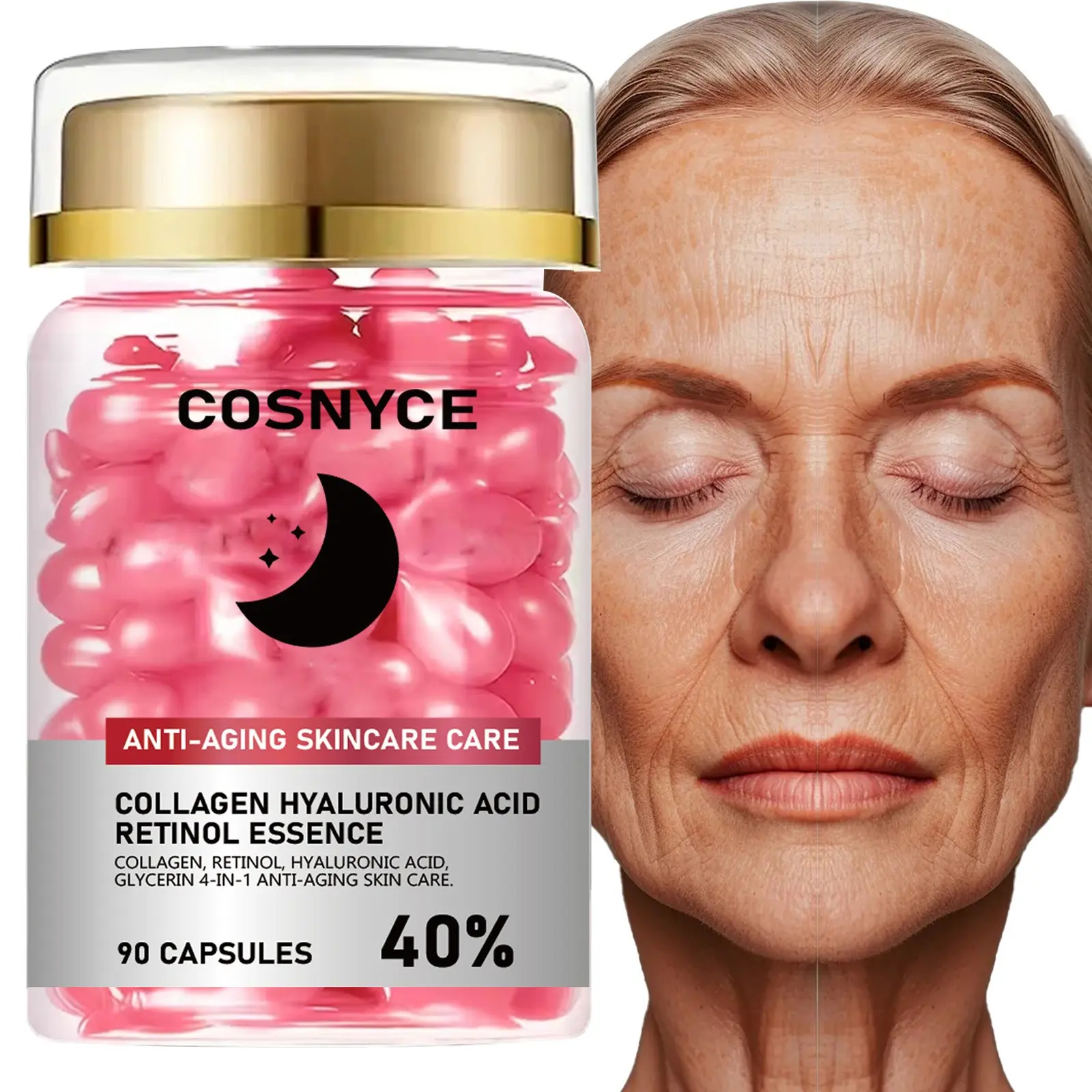 90 Capsules Collagen Essence, Hyaluronic Acid Vitamin a Glycerine 4-In-1 Serum, Unisex, Smooth Comfortable Feel, No Greasy, Collagen Refines Skin