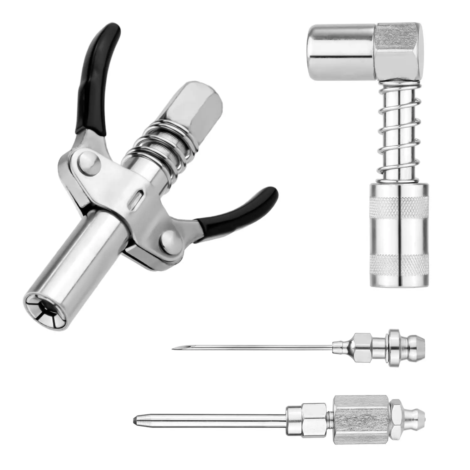 4Pcs Silver 1/8" NPT Fitting Kit for Industrial Machines & Automotive Metal Parts - 90-Degree Coupler Adapter, Double-Handle Coupler, Grease Needle, Needle Tip Dispenser, 90-Degree Grease Gun Coupler Adapter