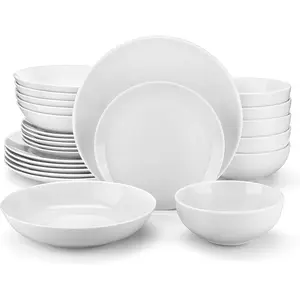 24- Gourmet Porcelain Dinnerware Sets, Modern White Round Dish Set for 6 -  Serving Plates and Bowls Sets for Dessert, Salad, Soup, Pasta - Series AMELIA