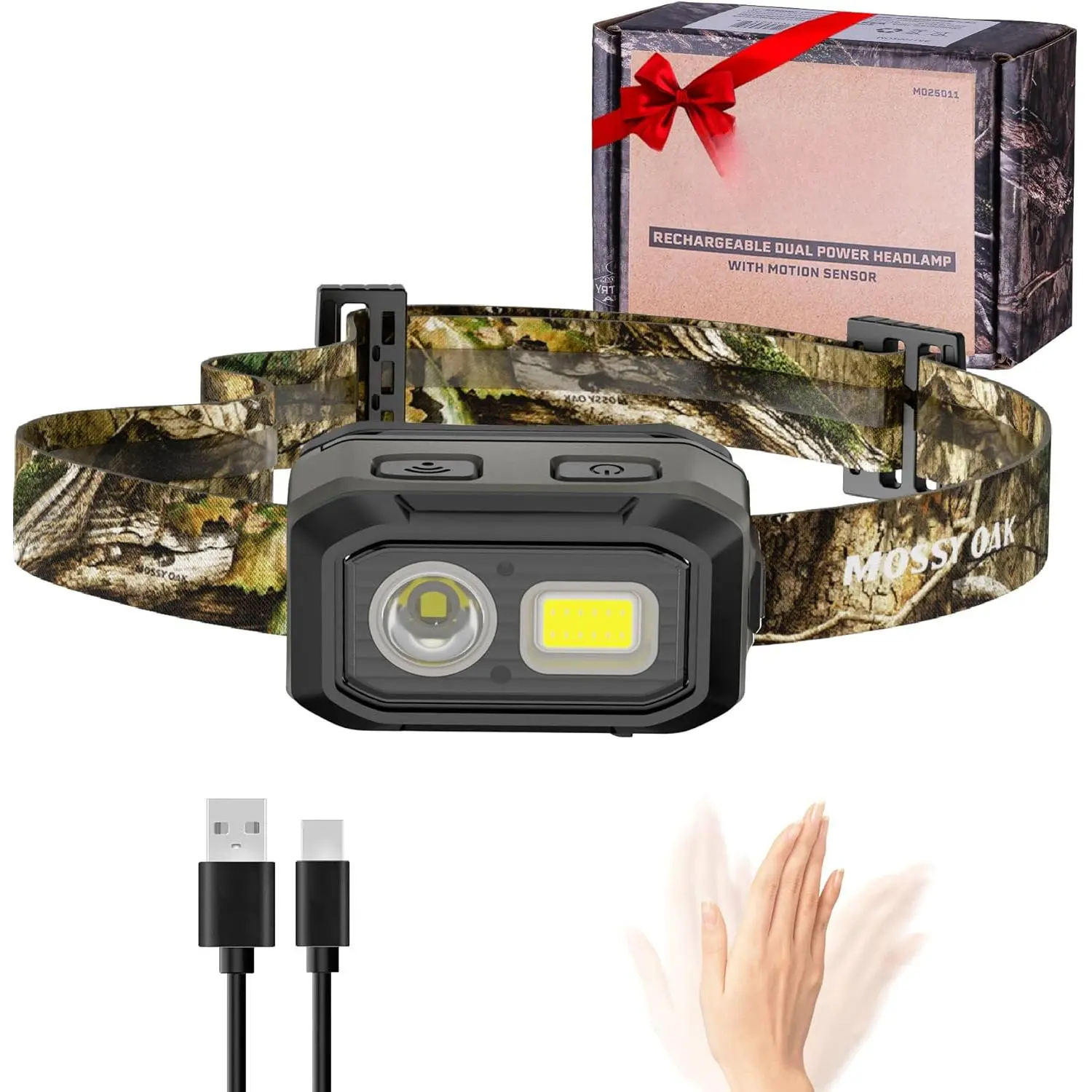 600 Lumens LED Headlamp, Dual Power Source, Motion Sensor Head Lamp with Magnetic Base, Stepless Dimming, Memory Mode for Camping, Running, Hiking, Valentine's Day