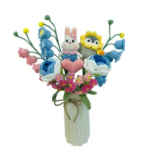 Handmade Crochet Bellflower Rose Cute Penguin Rabbit Home Decor Flower Bouquet, Artificial Flowers for Graduation Gift, Father's Day, Mother's Day