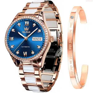 OLEVS Watch OLEVS Watch for Women Automatic Self Winding Mechanical Ladies Wrist Watch Big face Two Tone Stainless Steel Ceramic Bracelet Heart Diamond Fashion Luxury Ceramic Band Luminous Waterproof-